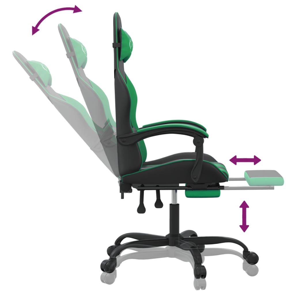 Въртящ гейминг стол опора за крака черно-зелен изкуствена кожа