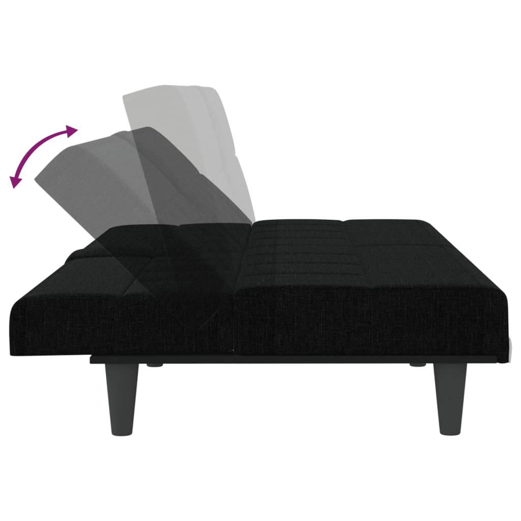 Разтегателен диван с поставки за чаши, черен, плат