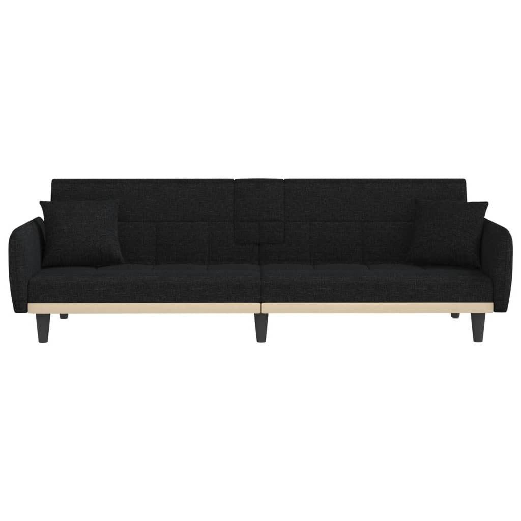 Разтегателен диван с поставки за чаши, черен, плат