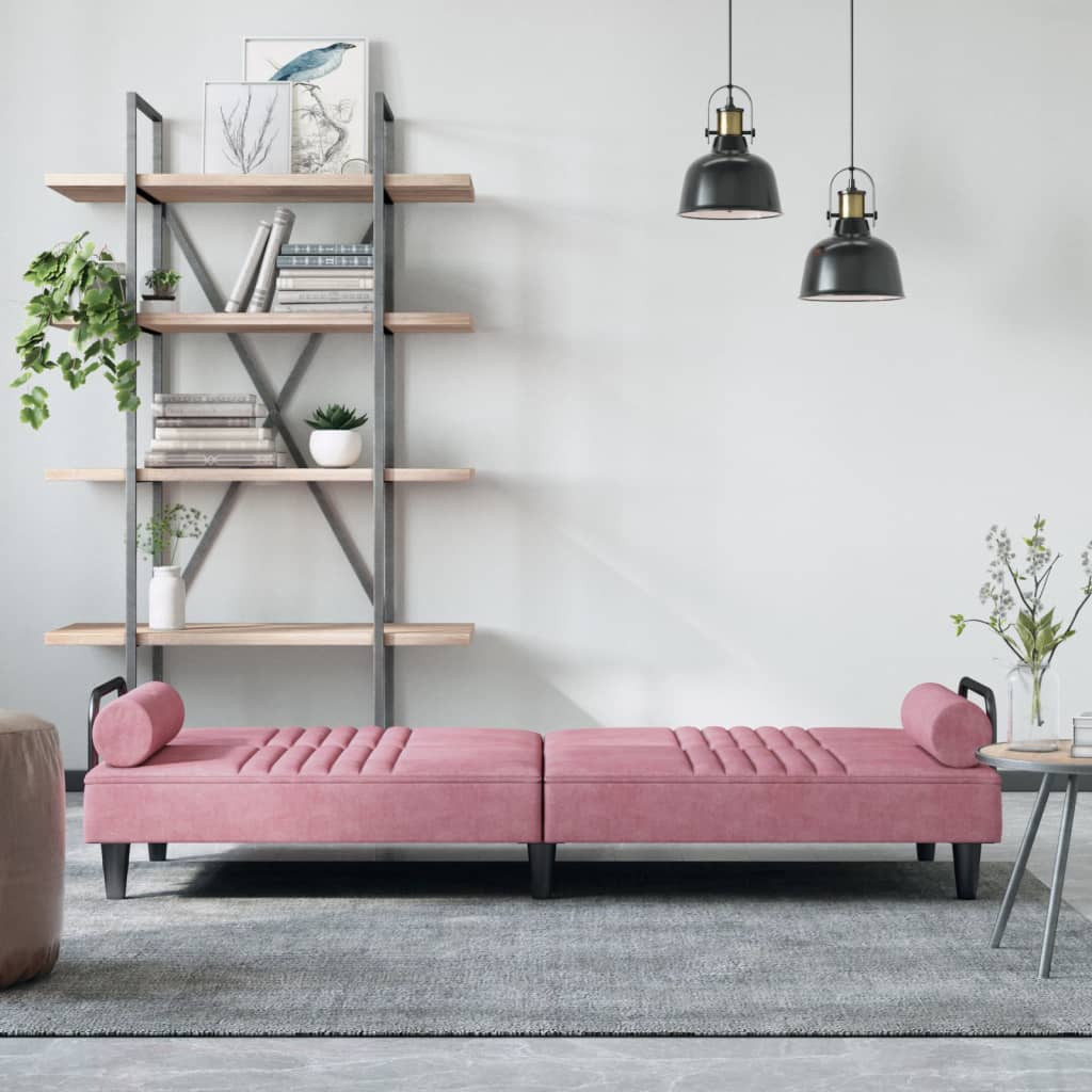 Разтегателен диван с подлакътници, розов, кадифе