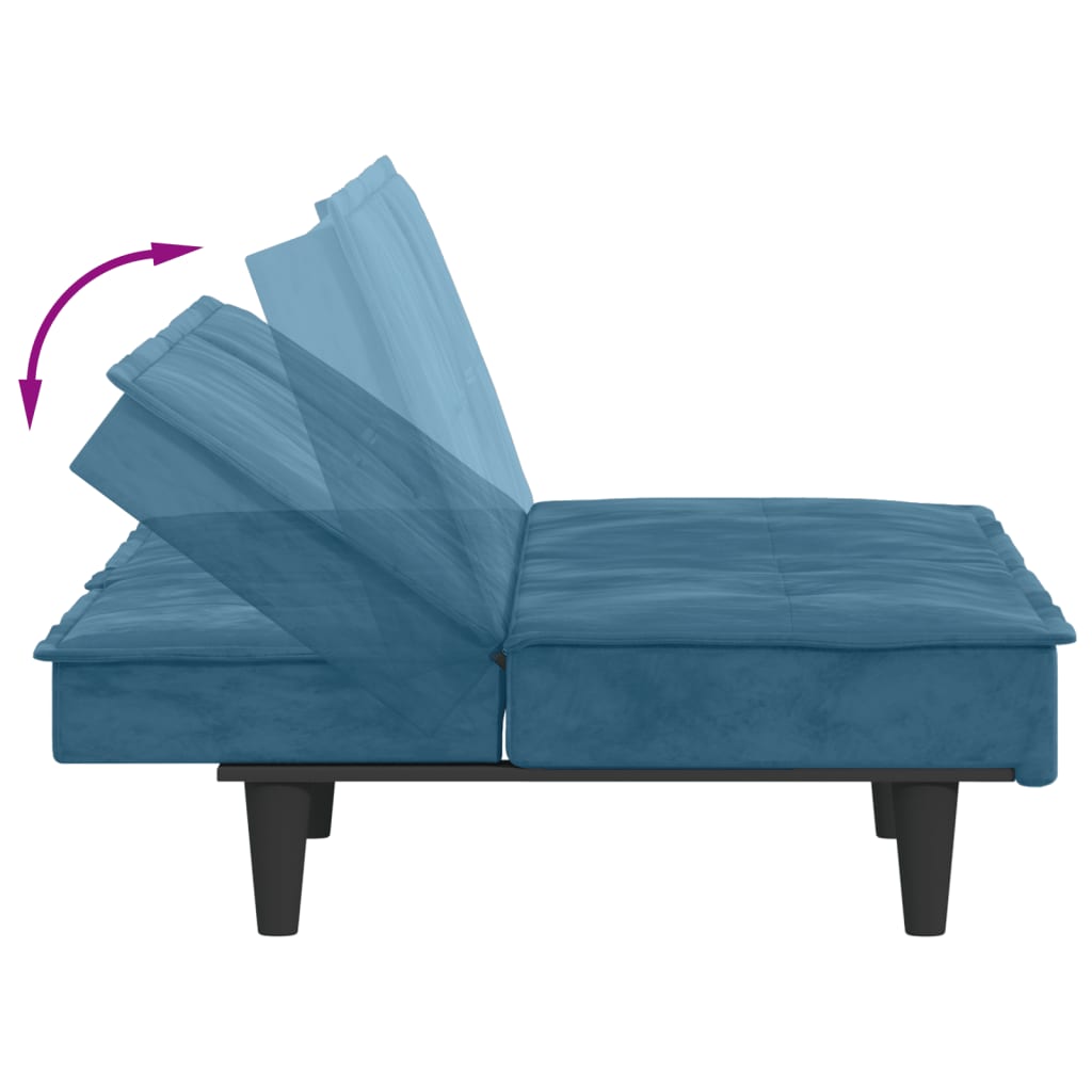 Разтегателен диван с поставки за чаши, син, кадифе