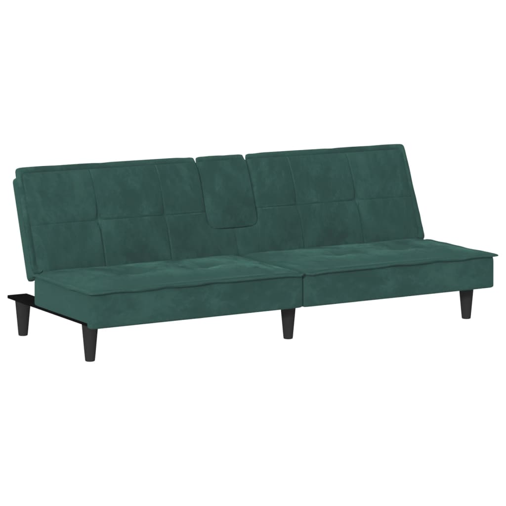 Разтегателен диван с поставки за чаши, тъмнозелен, кадифе