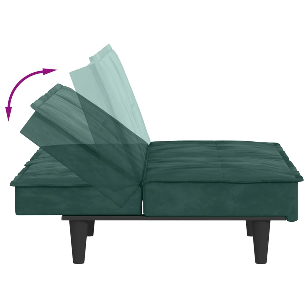 Разтегателен диван с поставки за чаши, тъмнозелен, кадифе