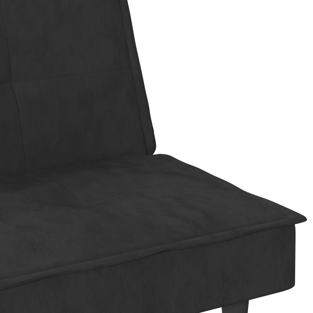 Разтегателен диван с поставки за чаши, черен, кадифе