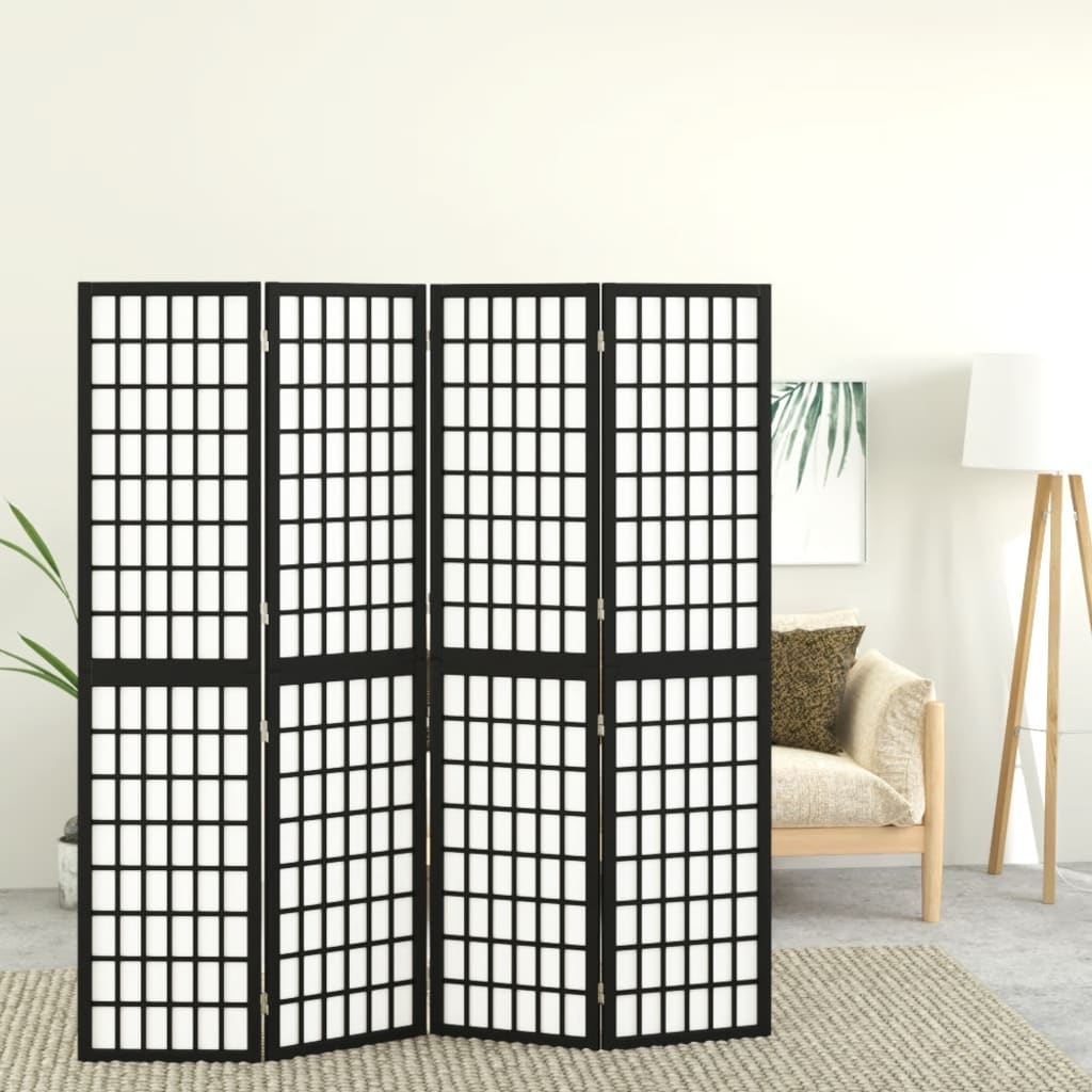 Параван за стая, 4 панела, японски стил, 160х170 cм, черен