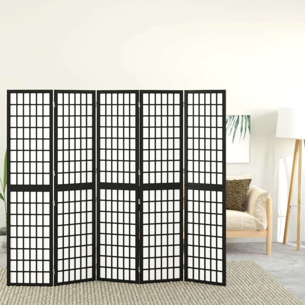 Параван за стая, 5 панела, японски стил, 200x170 cм, черен