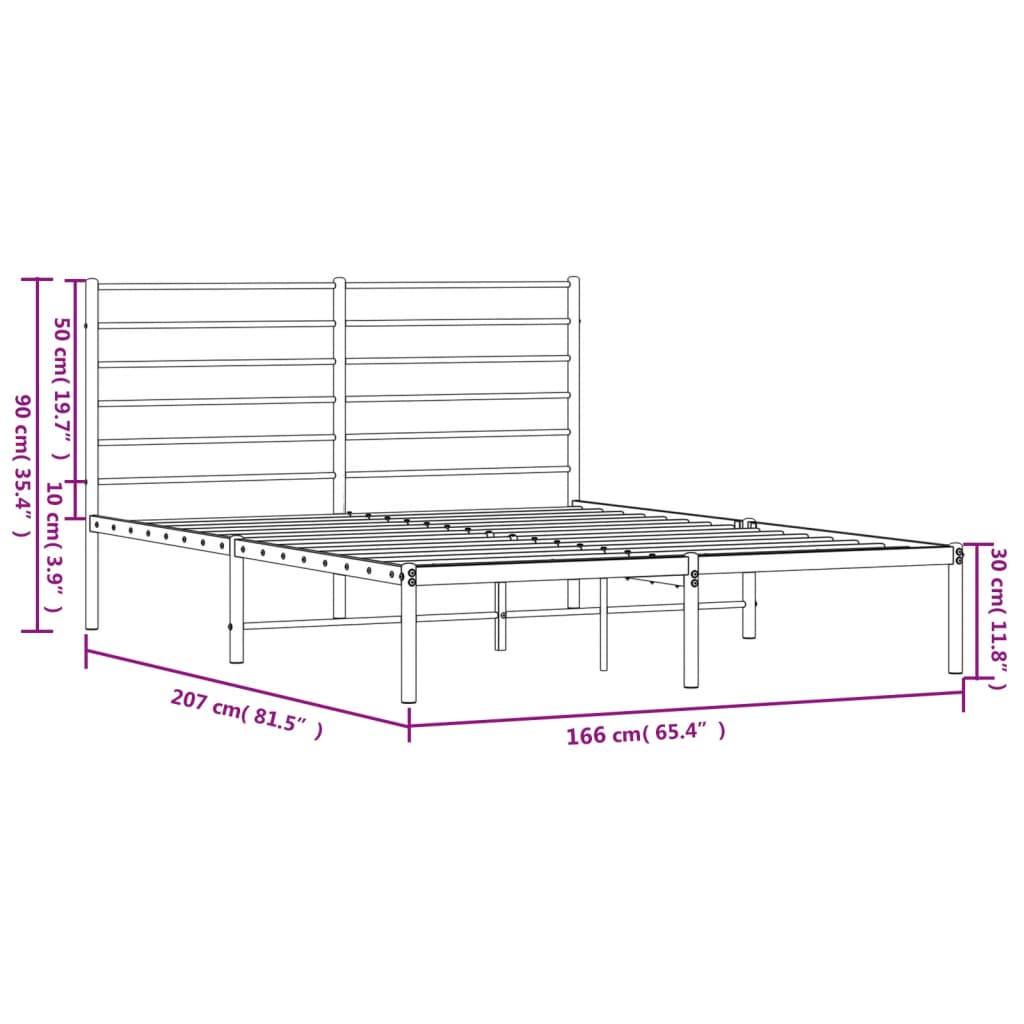 Метална рамка за легло с горна табла, черна, 160x200 см