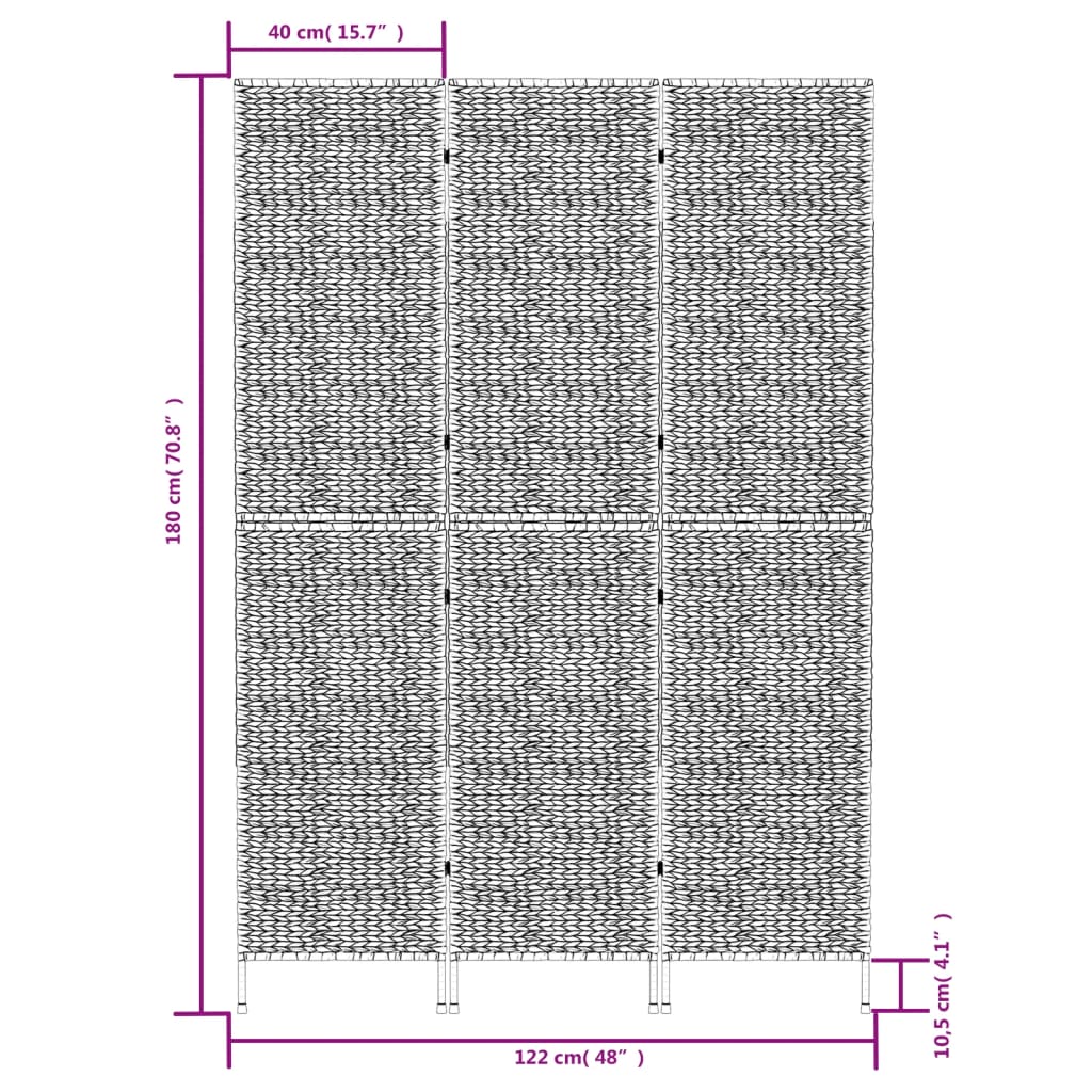 Разделител за стая, 3 панела, черен, 122x180 см, воден хиацинт