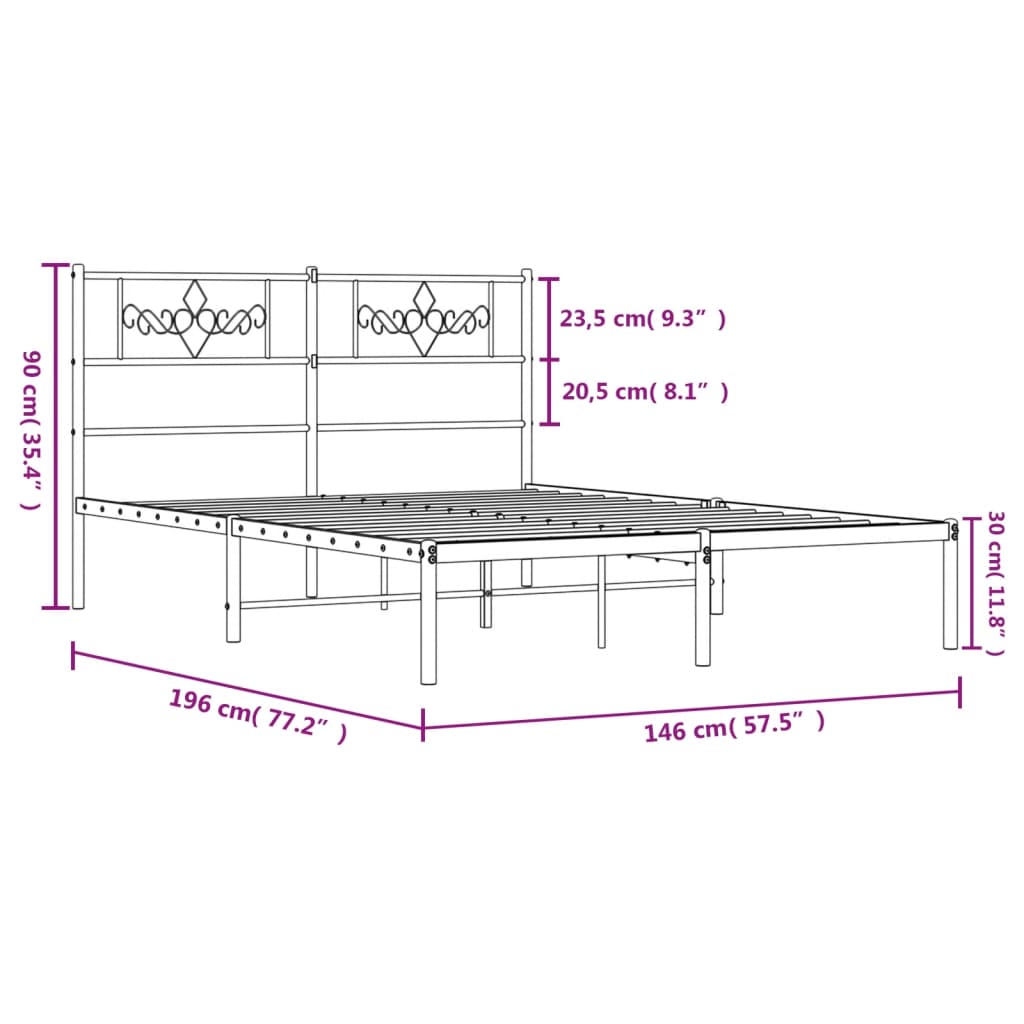 Метална рамка за легло с горна табла, черна, 140x190 см