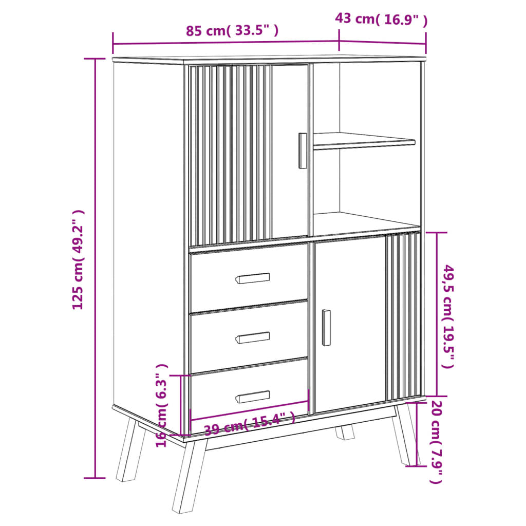 Висок шкаф OLDEN, сиво и кафяво, 85x43x125 см, бор масив
