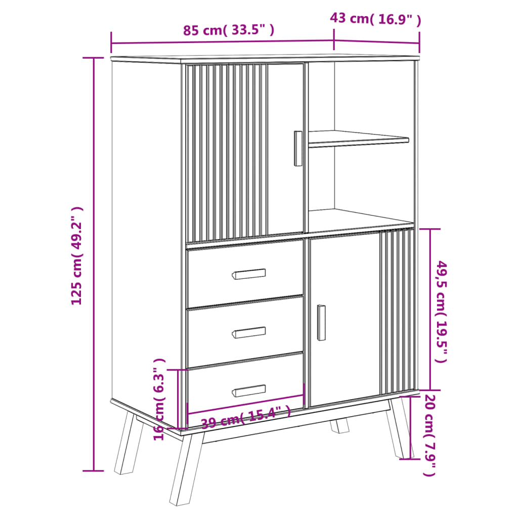 Висок шкаф OLDEN, бяло и кафяво, 85x43x125 см, бор масив