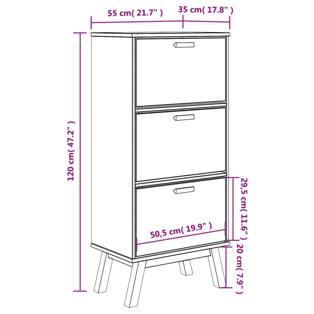 Шкаф за обувки OLDEN, бяло и кафяво, 55x35x120 см, бор масив