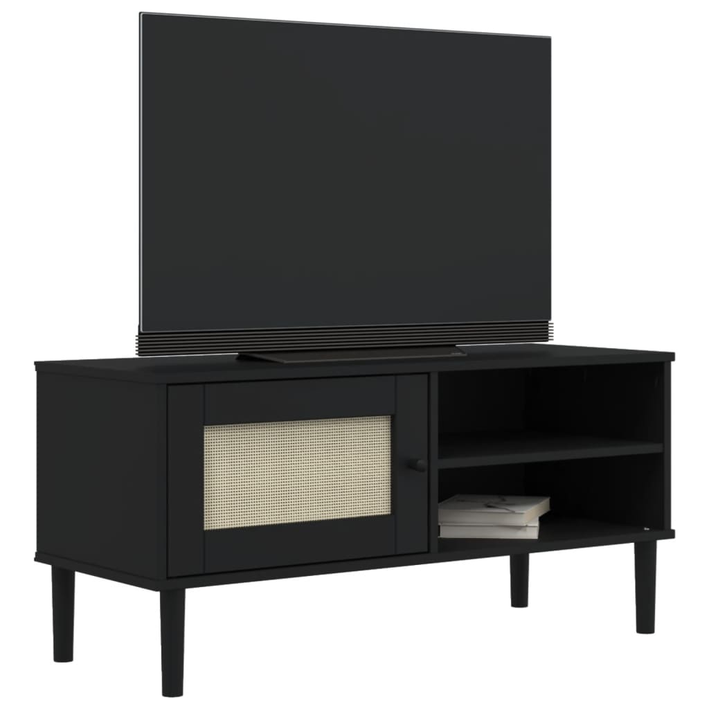 ТВ шкаф SENJA, ратанова визия, черен, 106x40x49 см, бор масив