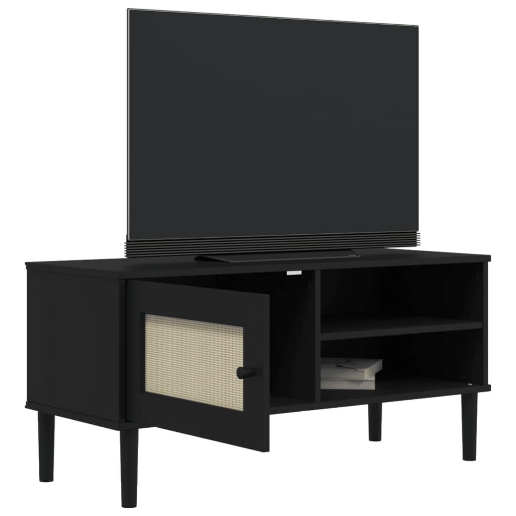 ТВ шкаф SENJA, ратанова визия, черен, 106x40x49 см, бор масив
