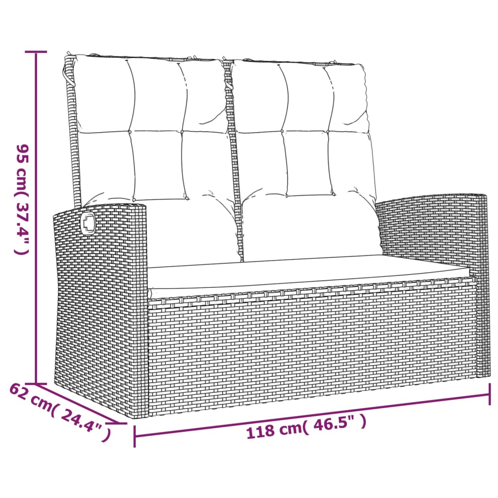 Наклоняема градинска пейка с възглавници сива 118 см полиратан