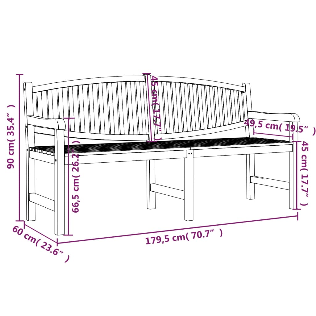 Градинска пейка, 179,5x60x90 см, тик масив