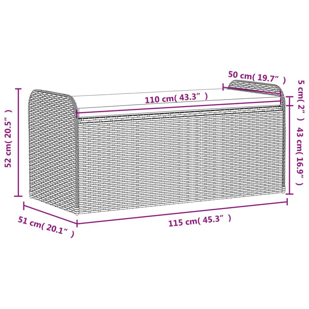 Пейка за съхранение с възглавница кафява 115x51x52 см полиратан