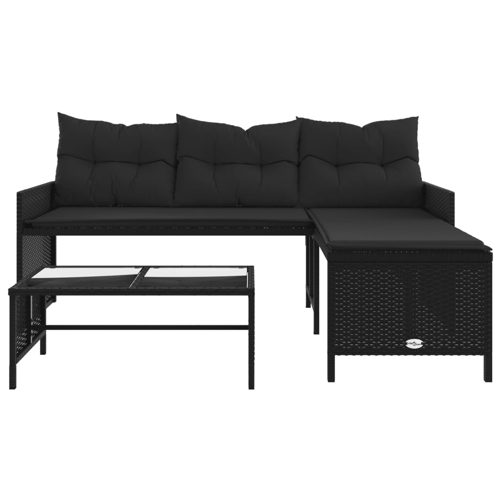 Градински диван с маса и възглавници, ъглов, черен полиратан