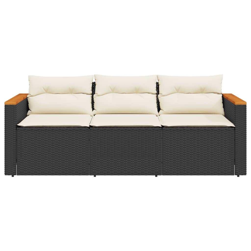 Градински диван с възглавници, 3-местен, черен, полиратан