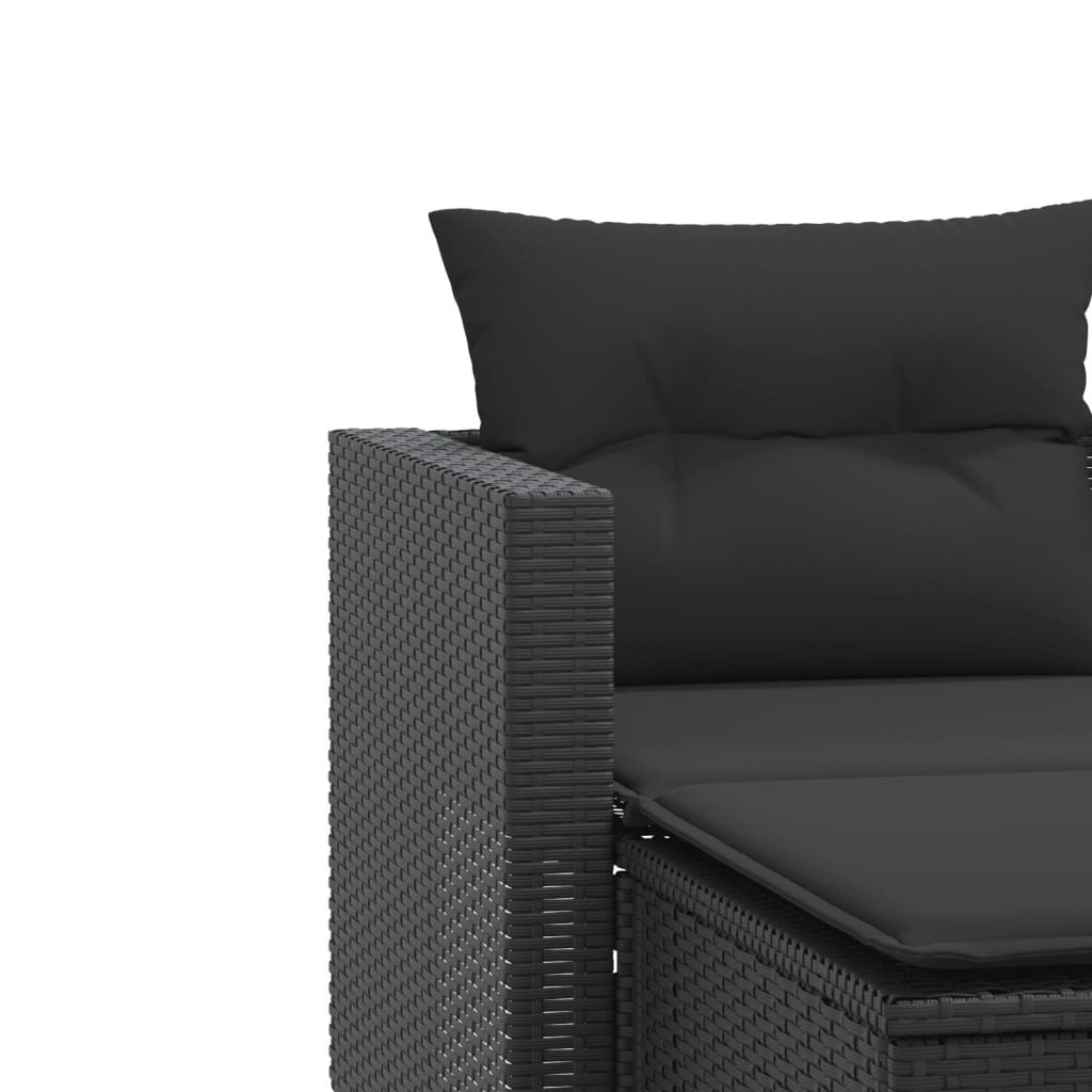 Двуместен градински диван с табуретки, черен, полиратан