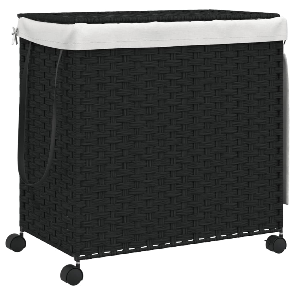 Кош за пране с колела, черен, 60x35x60,5 см, ратан