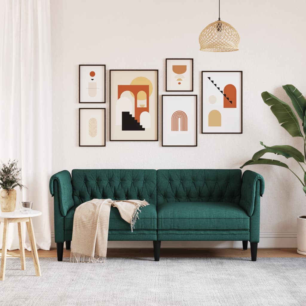 Честърфийлд диван, 2-местен, тъмнозелен, текстил