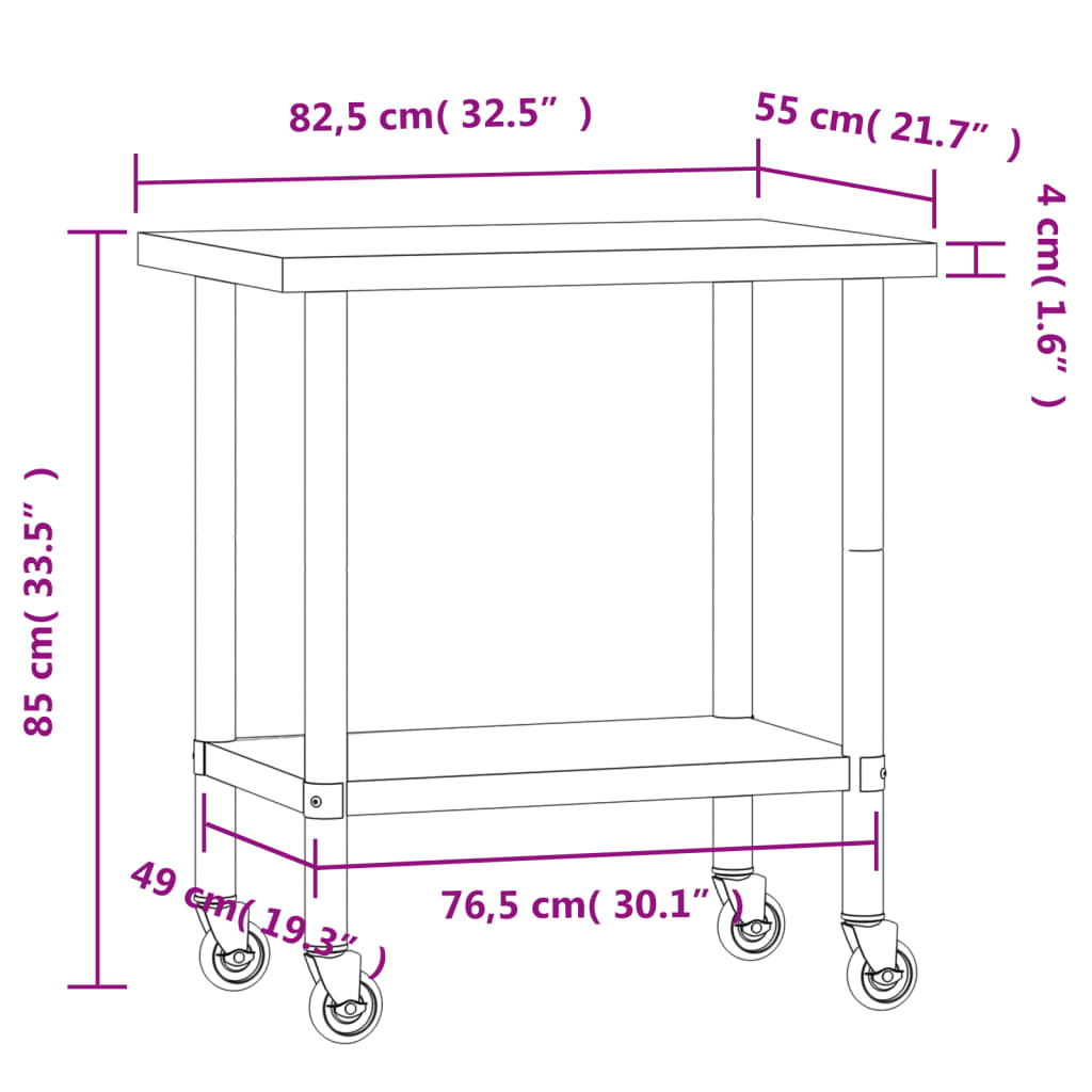 Кухненска работна маса с колелца, 82,5x55x85 см, инокс