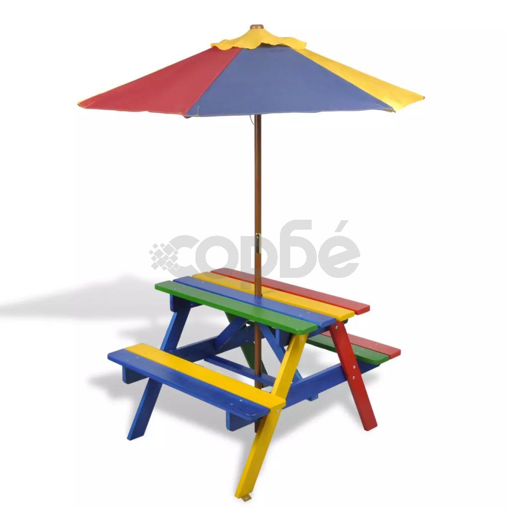 Детска пикник маса с пейки и чадър, многоцветна, дърво