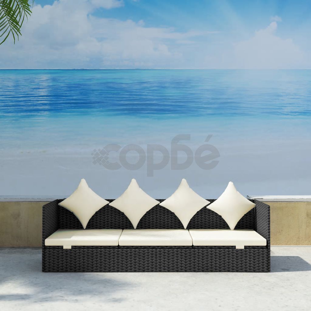 Градински диван с възглавници, черен полиратан