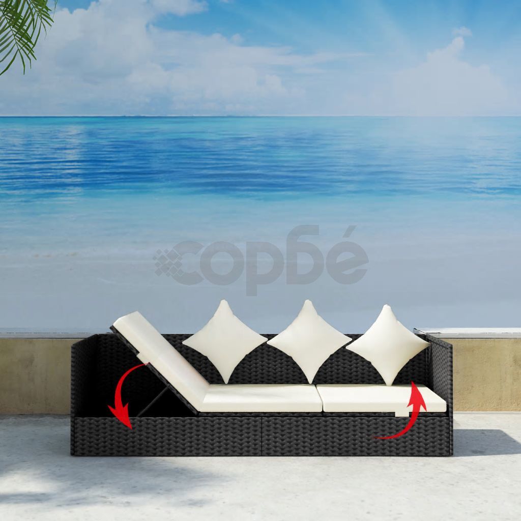 Градински диван с възглавници, черен полиратан