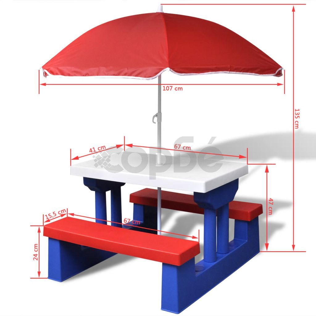 Детска пикник маса с пейки и чадър, многоцветна