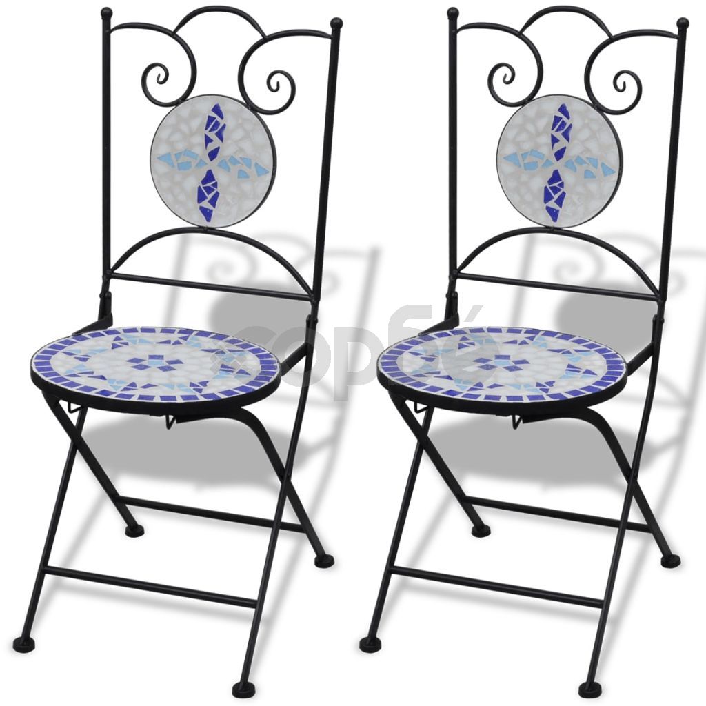 Сгъваеми бистро столове, 2 бр, мозайка, синьо и бяло