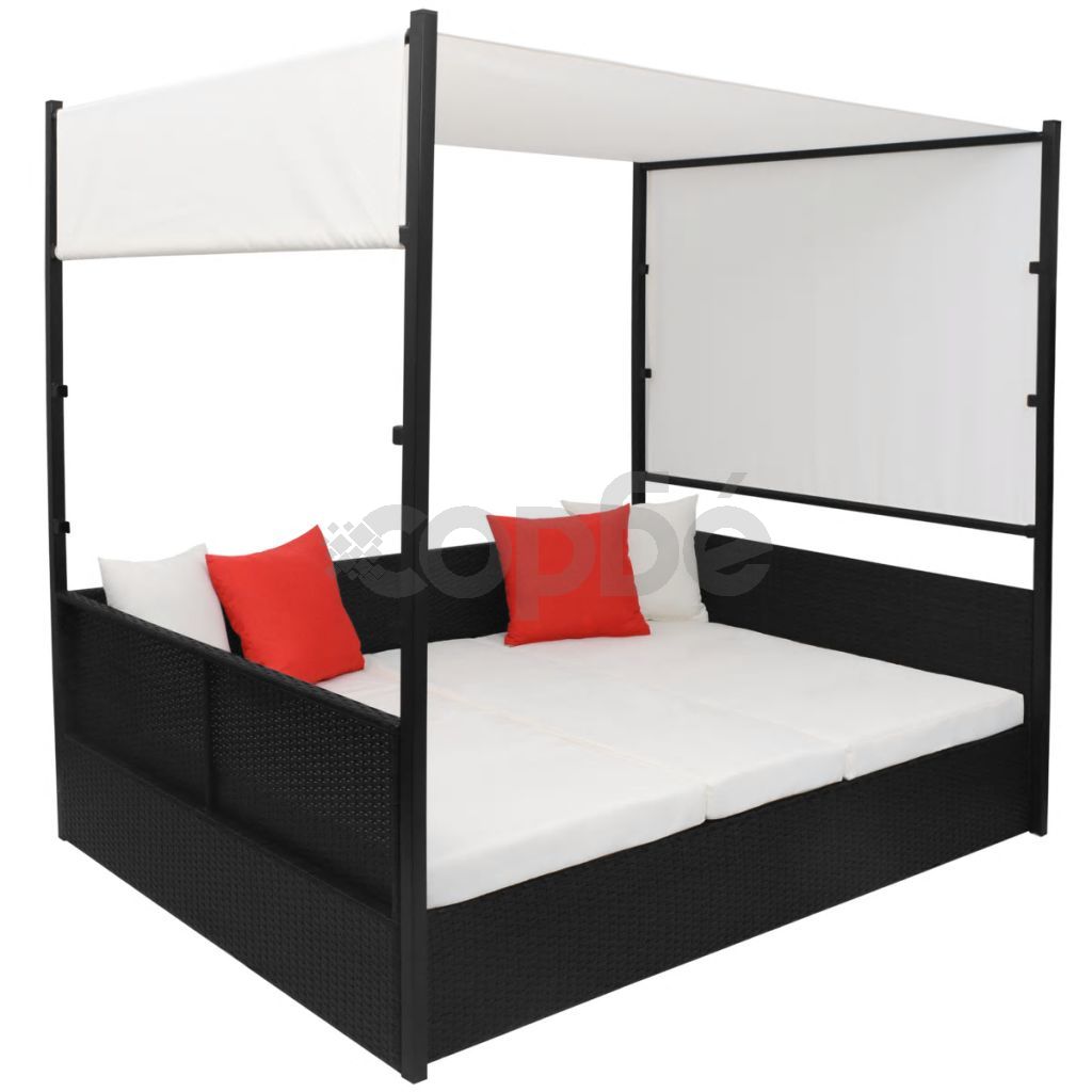 Градинско легло с балдахин, черно, 190x130 см, полиратан