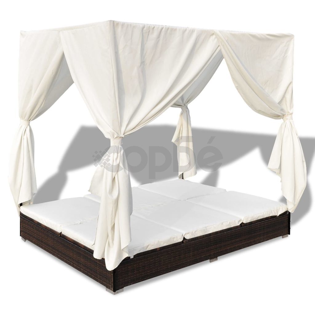 Градинско лаундж легло със завеси, полиратан, кафяво