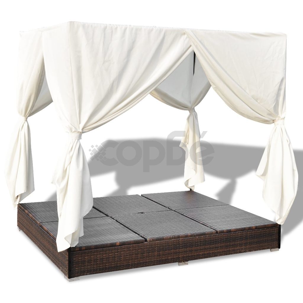 Градинско лаундж легло със завеси, полиратан, кафяво