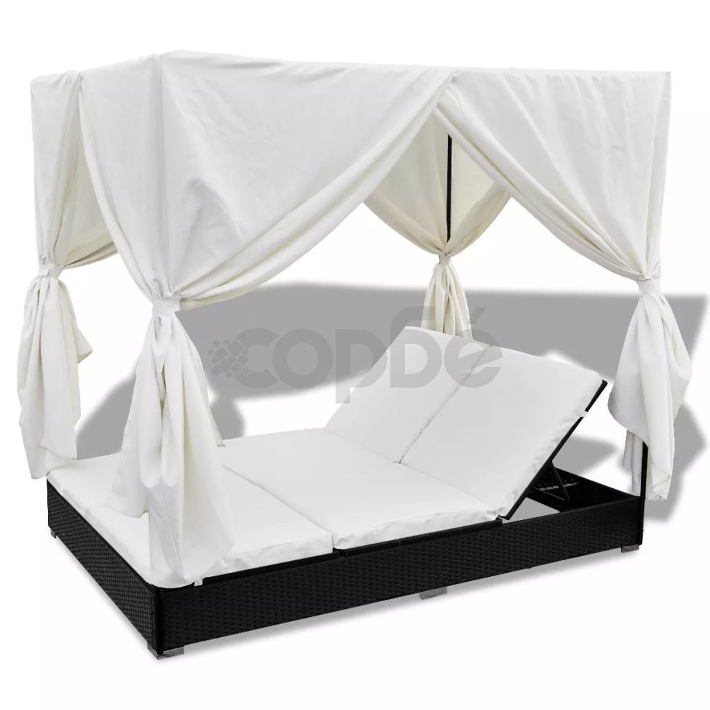 Градинско лаундж легло със завеси, полиратан, черно