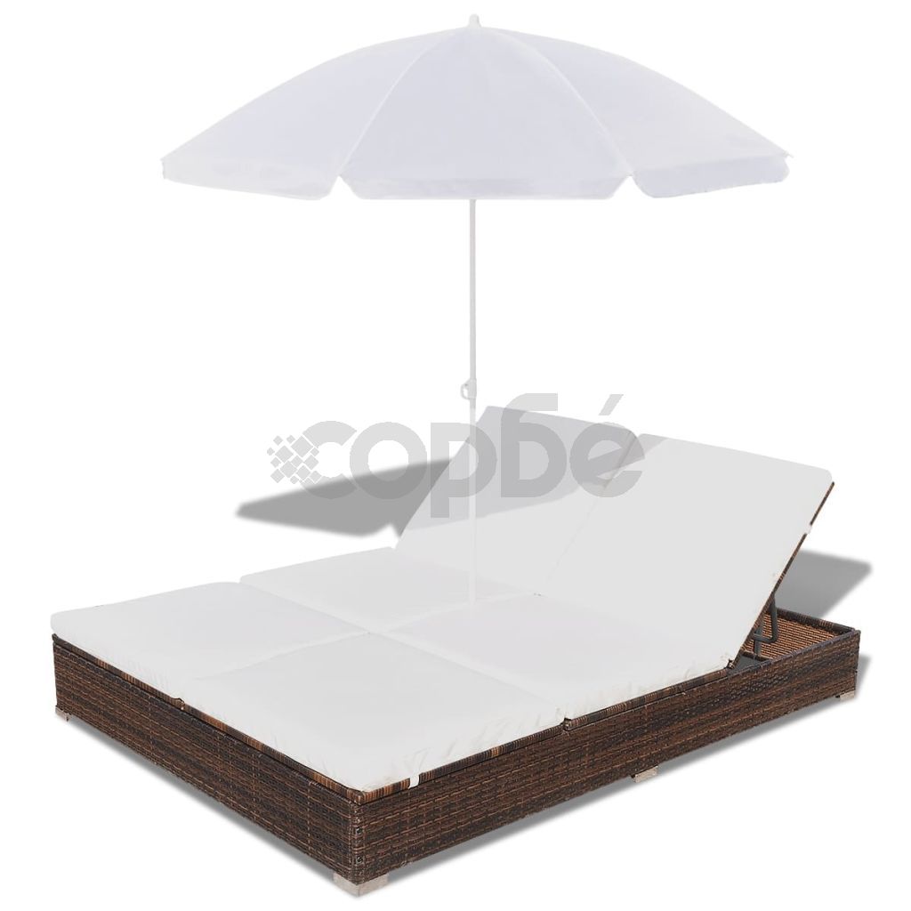 Градинско лаундж легло с чадър, полиратан, кафяво