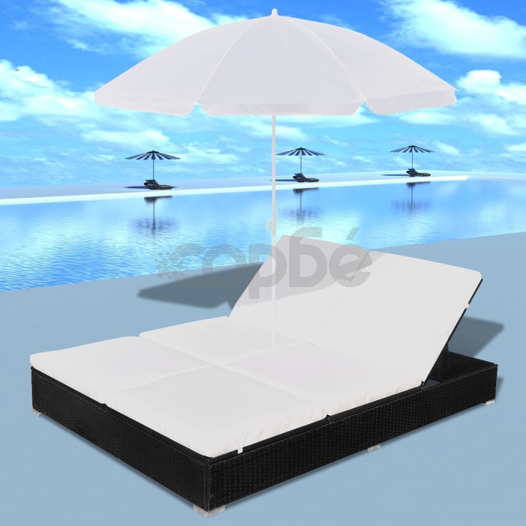 Градинско лаундж легло с чадър, полиратан, черно