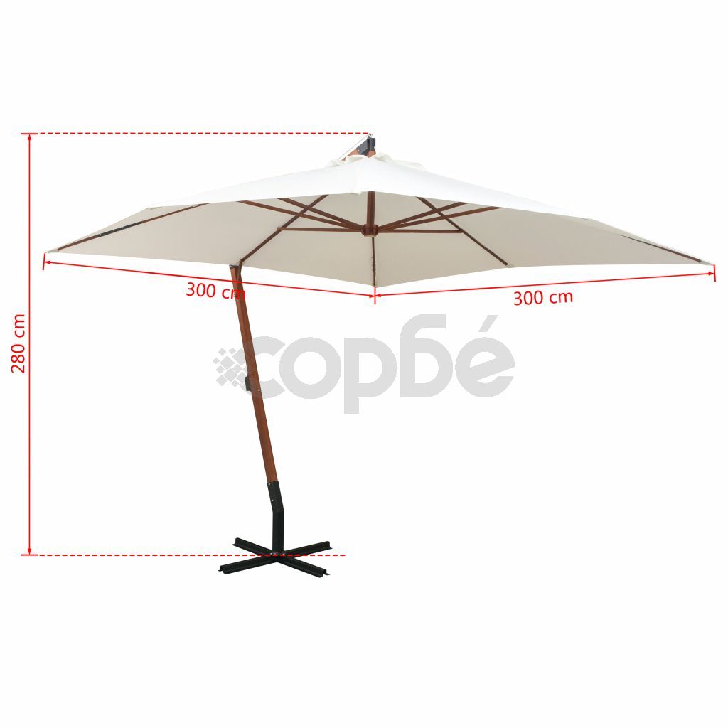 Висящ чадър за слънце, 300x300 см, дървен прът, бял