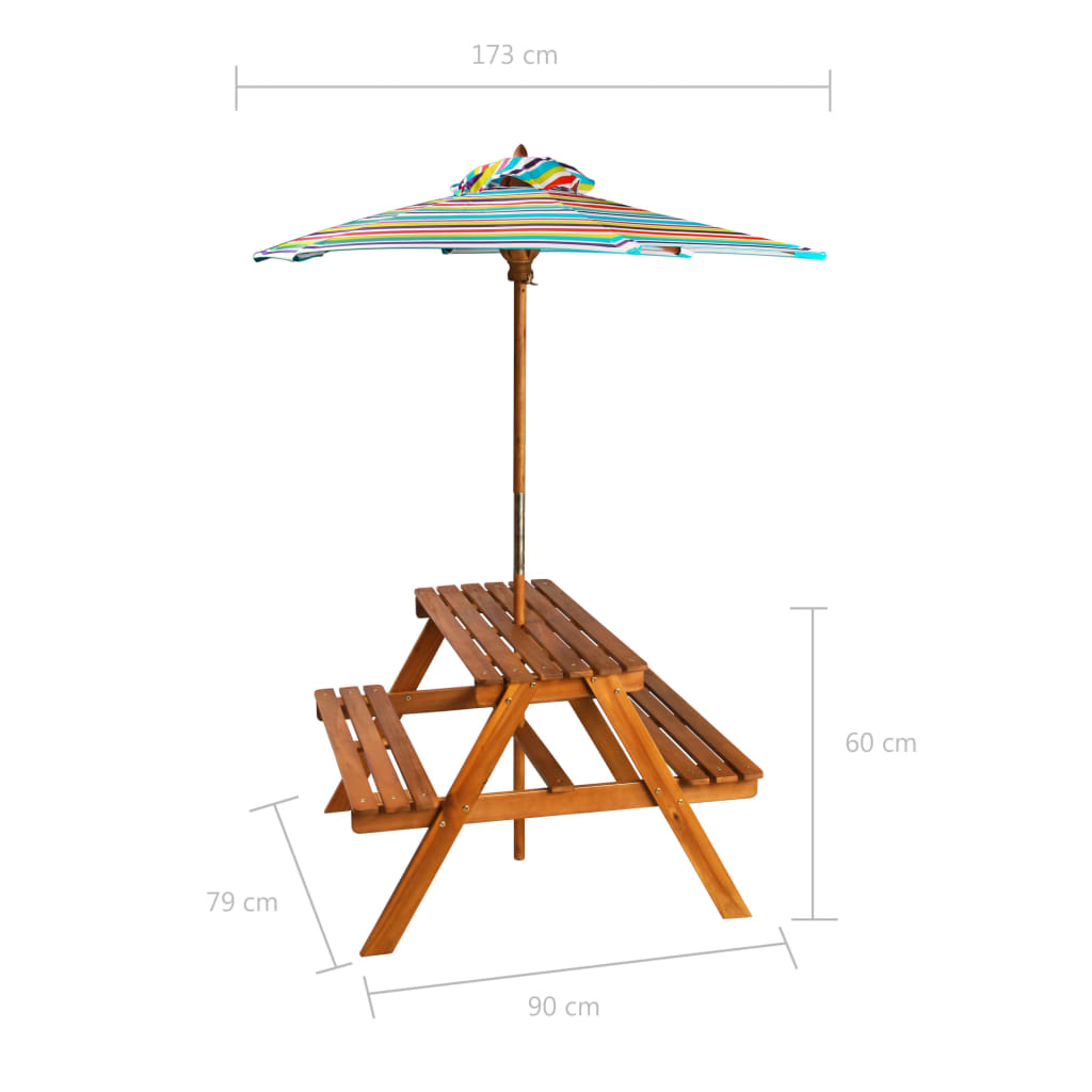 Детска маса за пикник с чадър, 79x90x60 см, акация масив