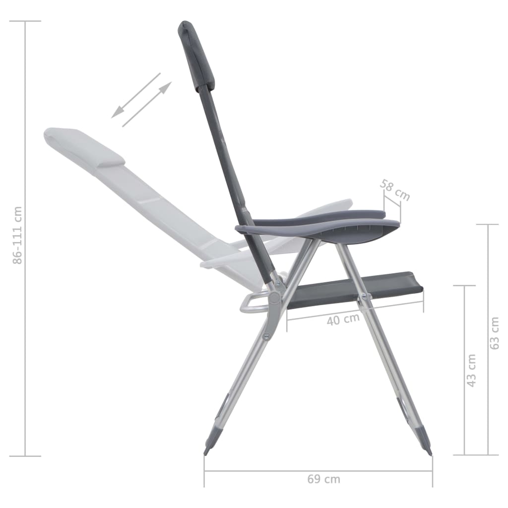 Къмпинг столове, 2 бр, сиви, 58x69x111 см, алуминий