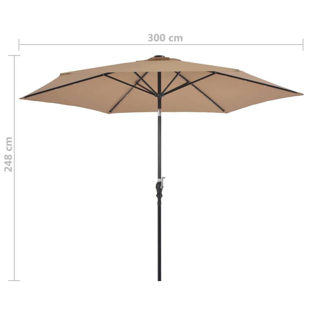 Градински чадър с LED светлини, стоманен прът, 300 см, таупе