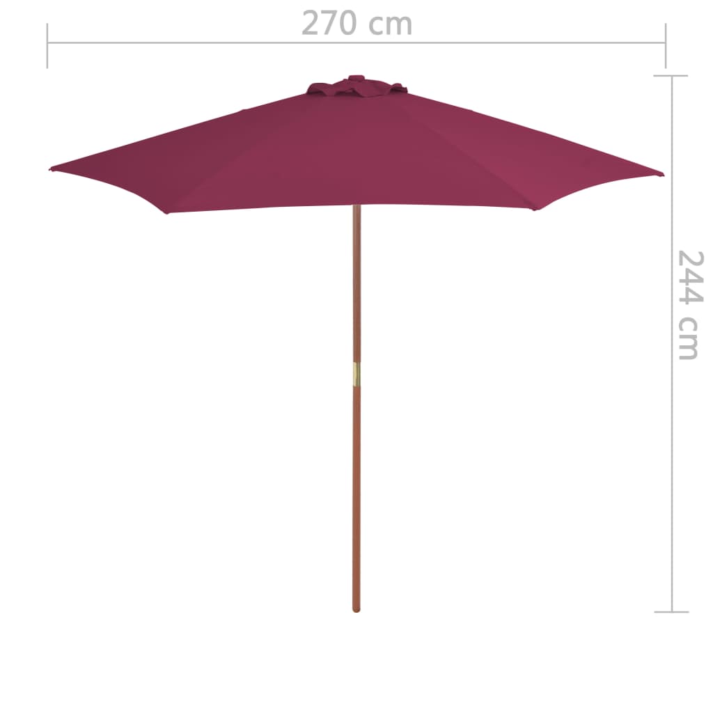 Градински чадър с дървен прът, 270 см, бордо червено