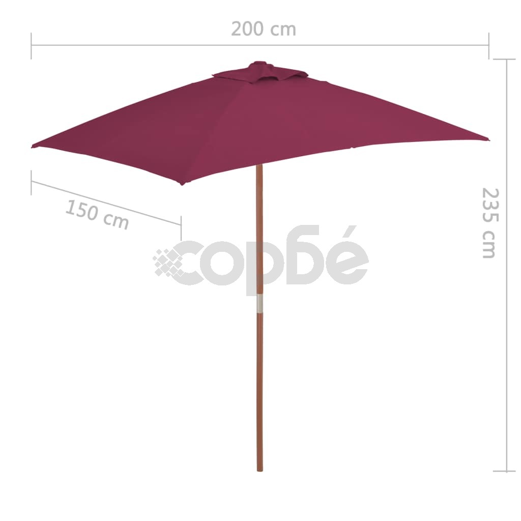 Градински чадър с дървен прът, 150x200 см, бордо червено