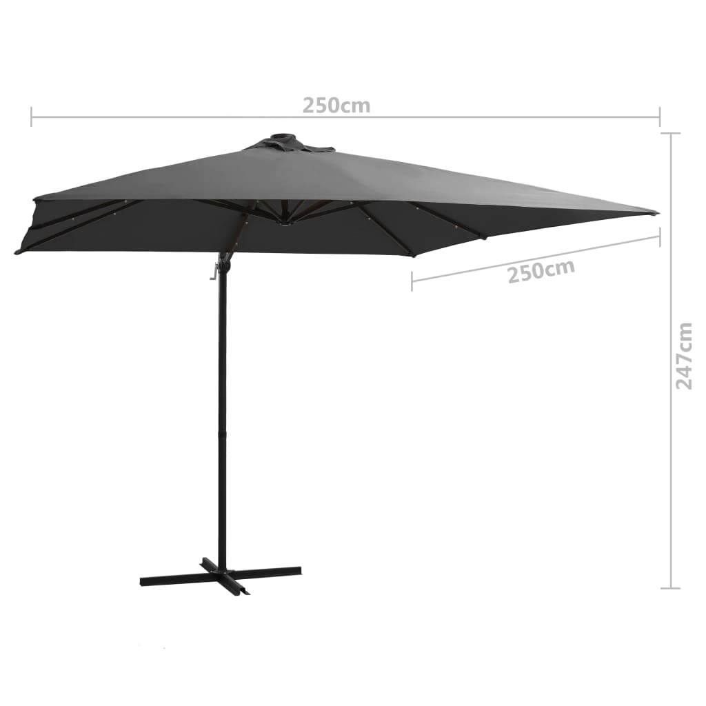 Градински чадър с LED, стоманен прът, 250x250 см, антрацит