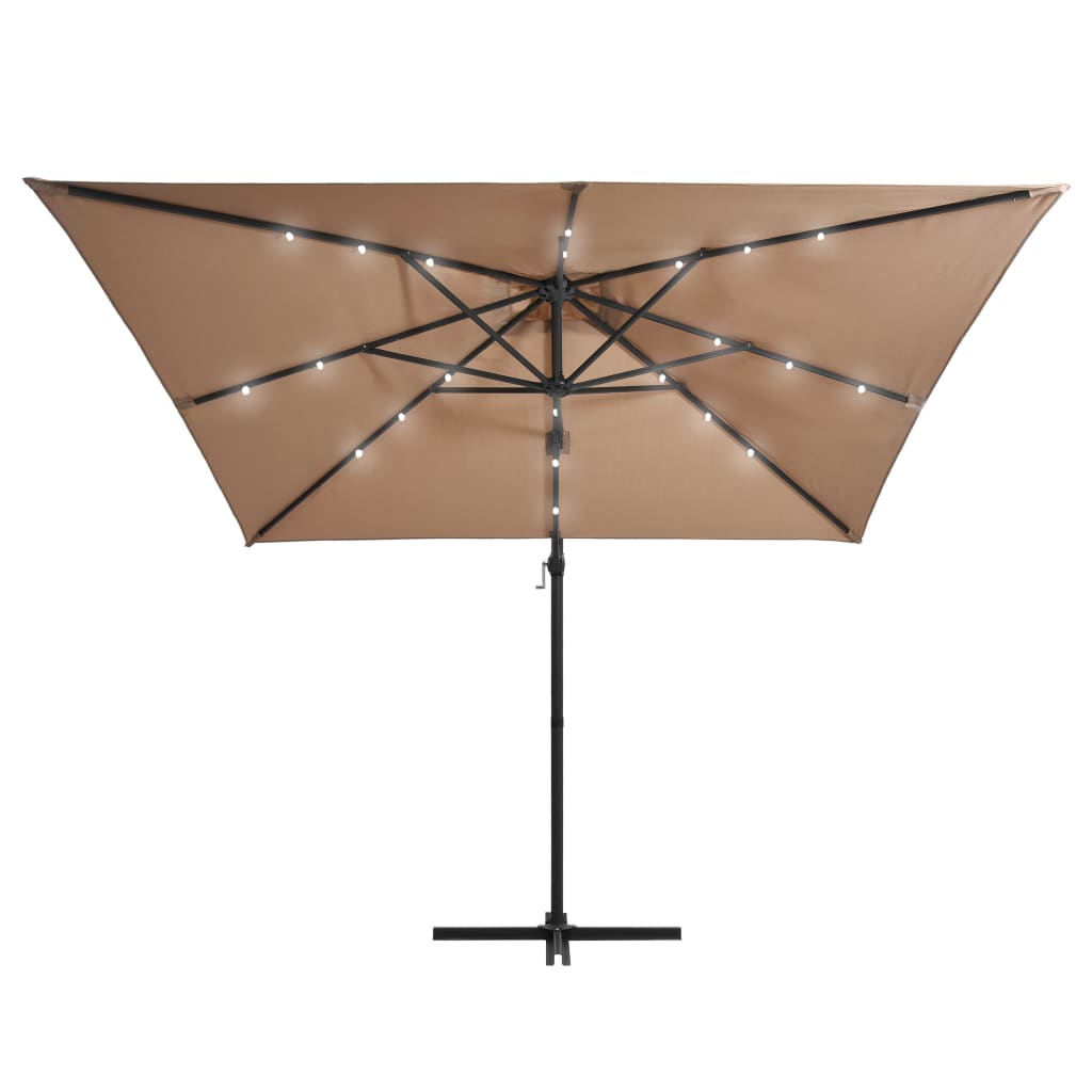 Чадър чупещо рамо, LED лампи и стоманен прът, 250x250 см, таупе