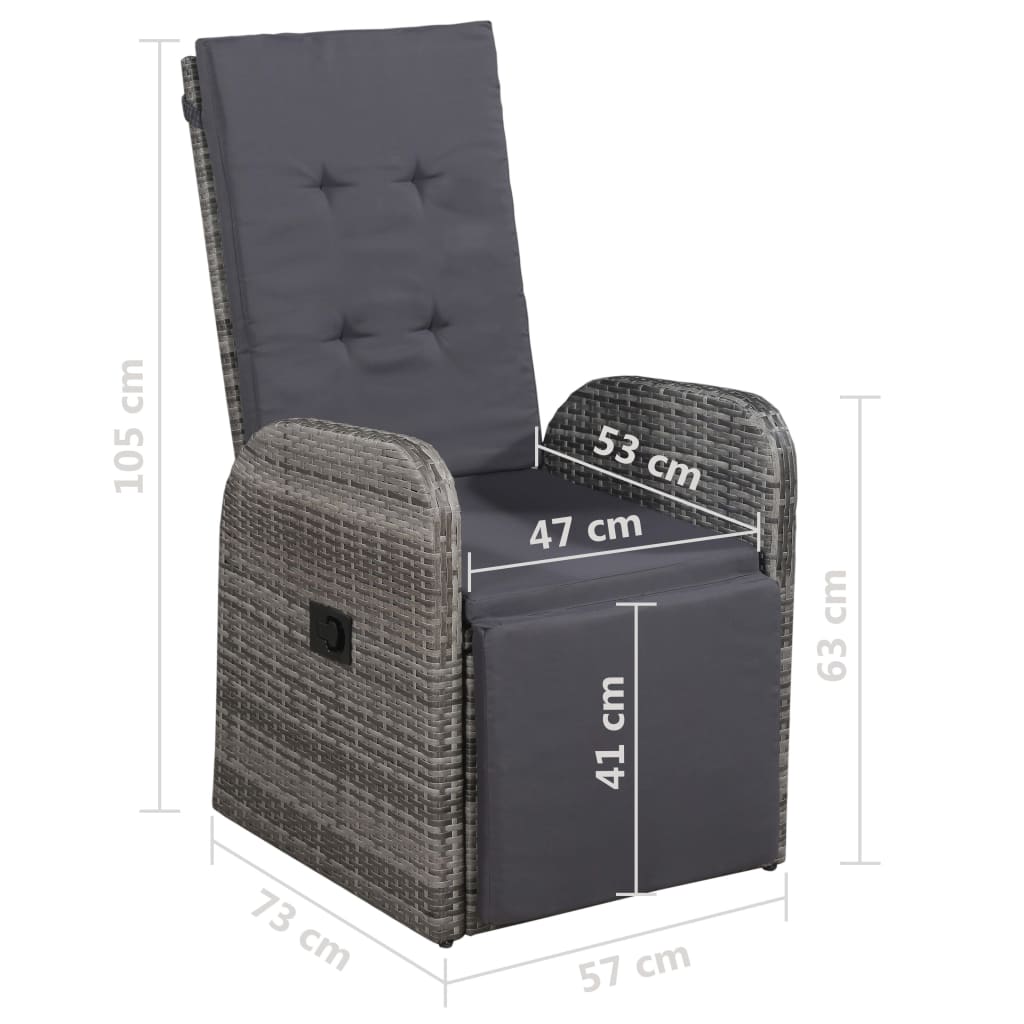 Накланящ се градински стол с възглавница, полиратан, сив