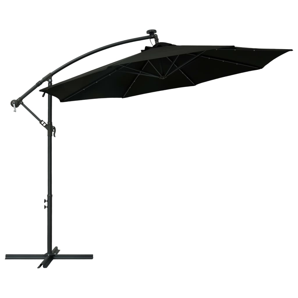 Градински чадър с LED осветление стоманен прът 300 см черен