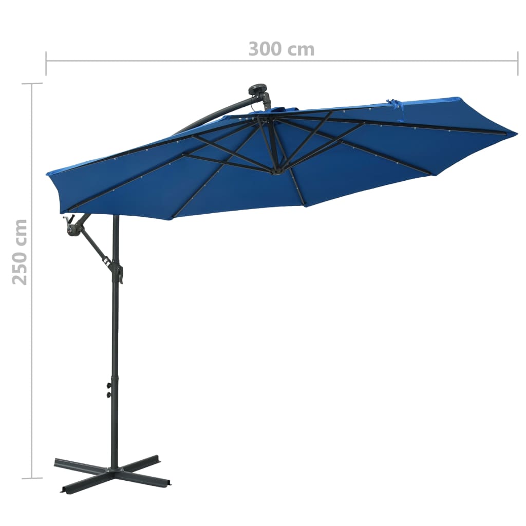 Градински чадър с LED осветление стоманен прът 300 см лазурен