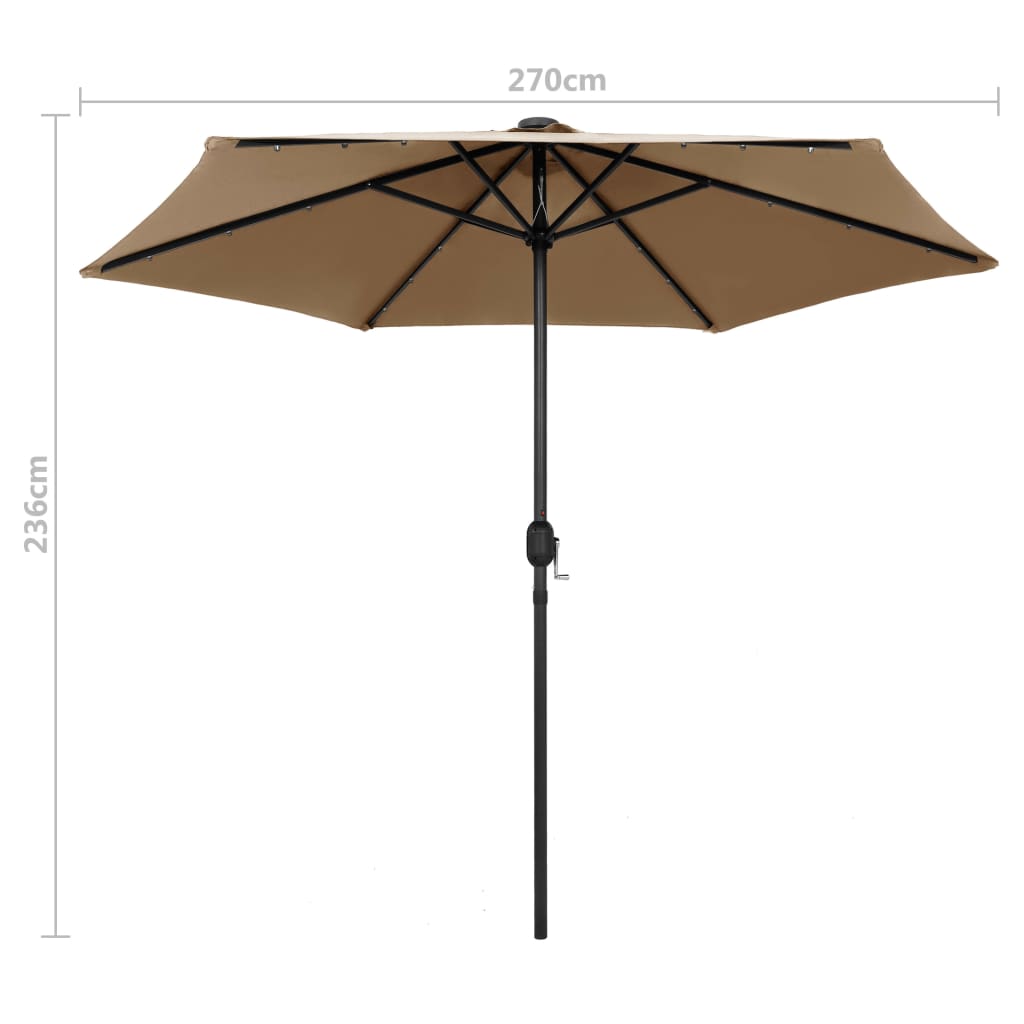 Чадър с LED светлини и алуминиев прът, 270 см, таупе
